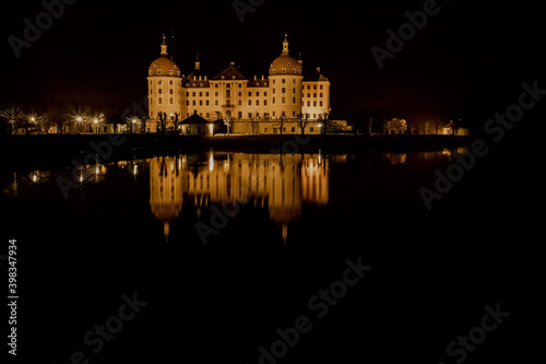 view of Moritzburg Castle in the night with the light , Saxony - Germany