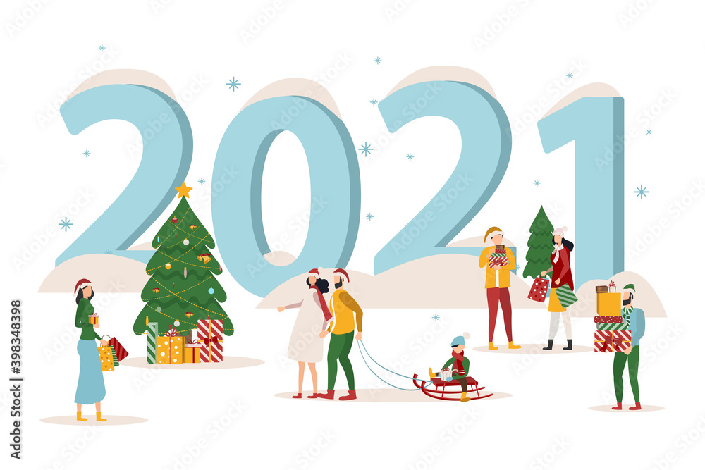 Flat design Christmas and New Year vector concept. Getting ready for the 2021 meeting. People around the numbers 2021.