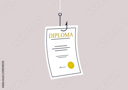 A high school graduation certificate hanging on a hook, a student debt metaphor