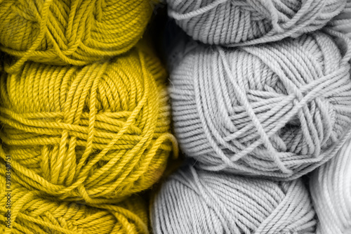 Trend colors of the year 2021. The texture of multi-colored fluffy woolen threads for knitting.