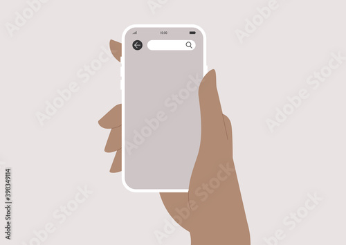 A mobile phone template, empty screen, a hand holding a smartphone