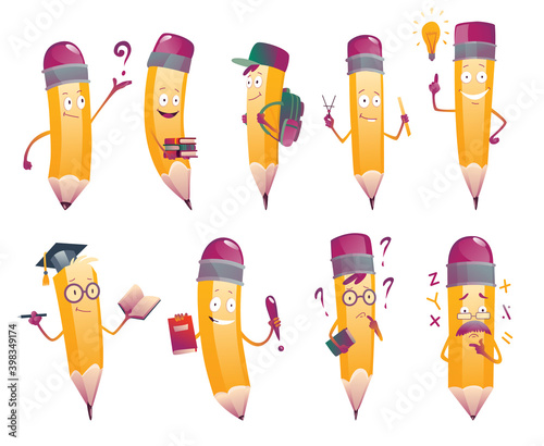 Pencil cartoon. Cute humanized pencil characters with arms and face emoji illustrations set