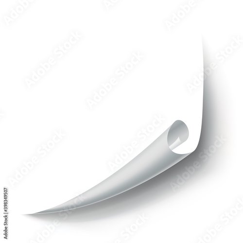 Curled paper corner. Curve page corner, page edge curl and bent paper sheet with realistic shadow. Paper corner fold isolated on white background