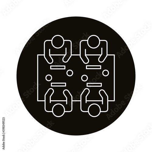 four workers seated in table coworking line style icon