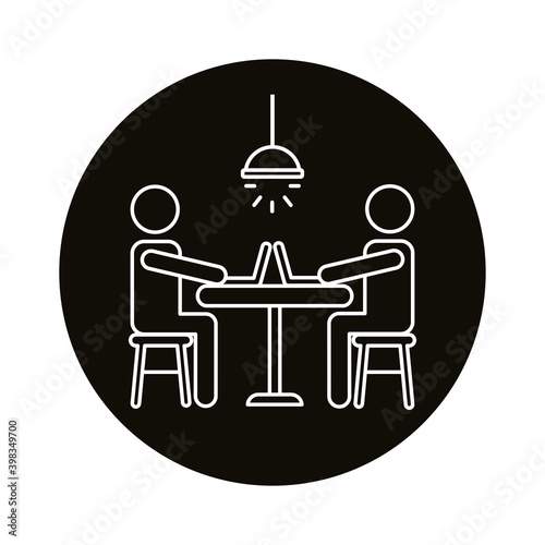 avatars couple coworking in laptops seated in desk line style icon