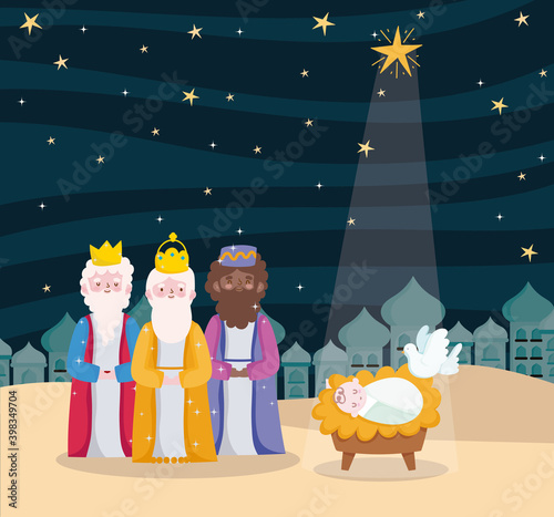 Valokuva happy epiphany, three wise kings baby jesus dove and bright star in sky