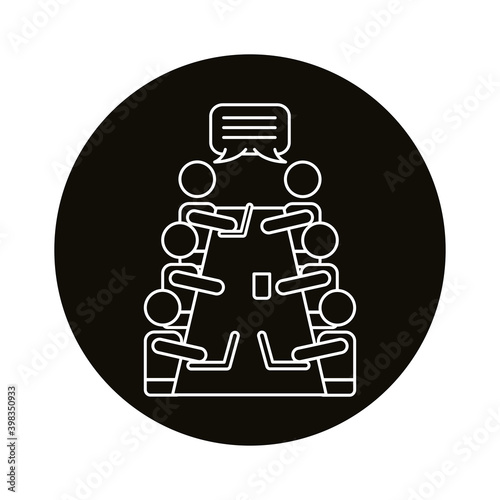 group of workers speaking in table coworking line style icon