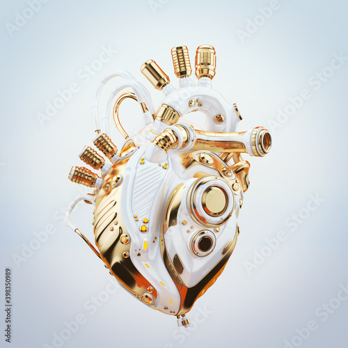 Fotobehang White robotic heart with luxury golden parts, 3d rendering