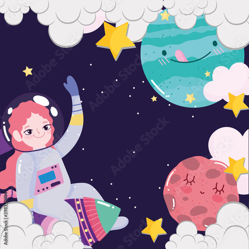 Fototapeta Naklejka Na Ścianę i Meble -  space astronaut girl in rocket planets clouds stars galaxy cute cartoon