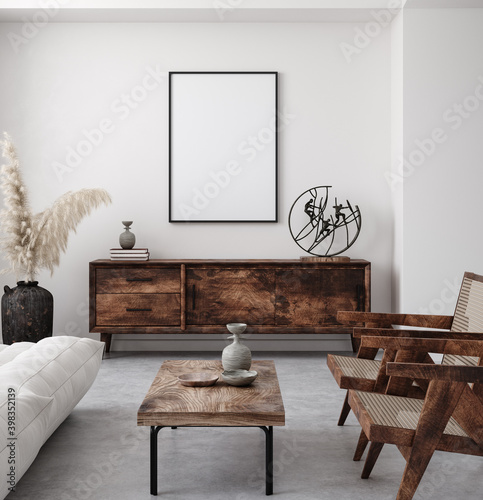 Mockup poster frame in minimalist modern interior background, 3d render photo