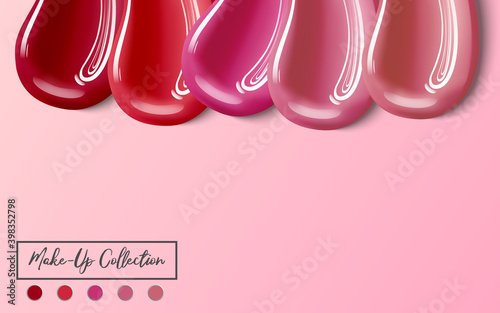Realistic makeup smear of lip gloss isolated on pink background.  Set of different lip gloss on white background. Sample oiled makeup. Vector.