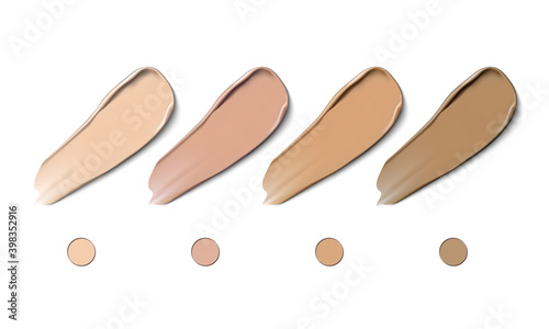 Cosmetic smear stroke. Liquid foundation smudge . Make up smear isolated on white background. Makeup concealer paint. 3d vector tone promo for different skin color types.