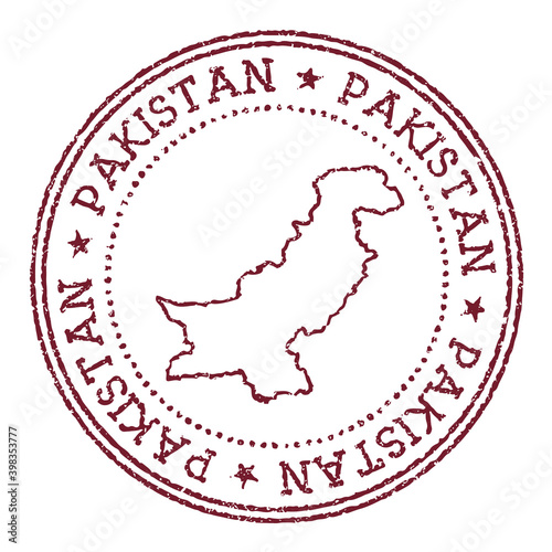Pakistan round rubber stamp with country map. Vintage red passport stamp with circular text and stars, vector illustration.