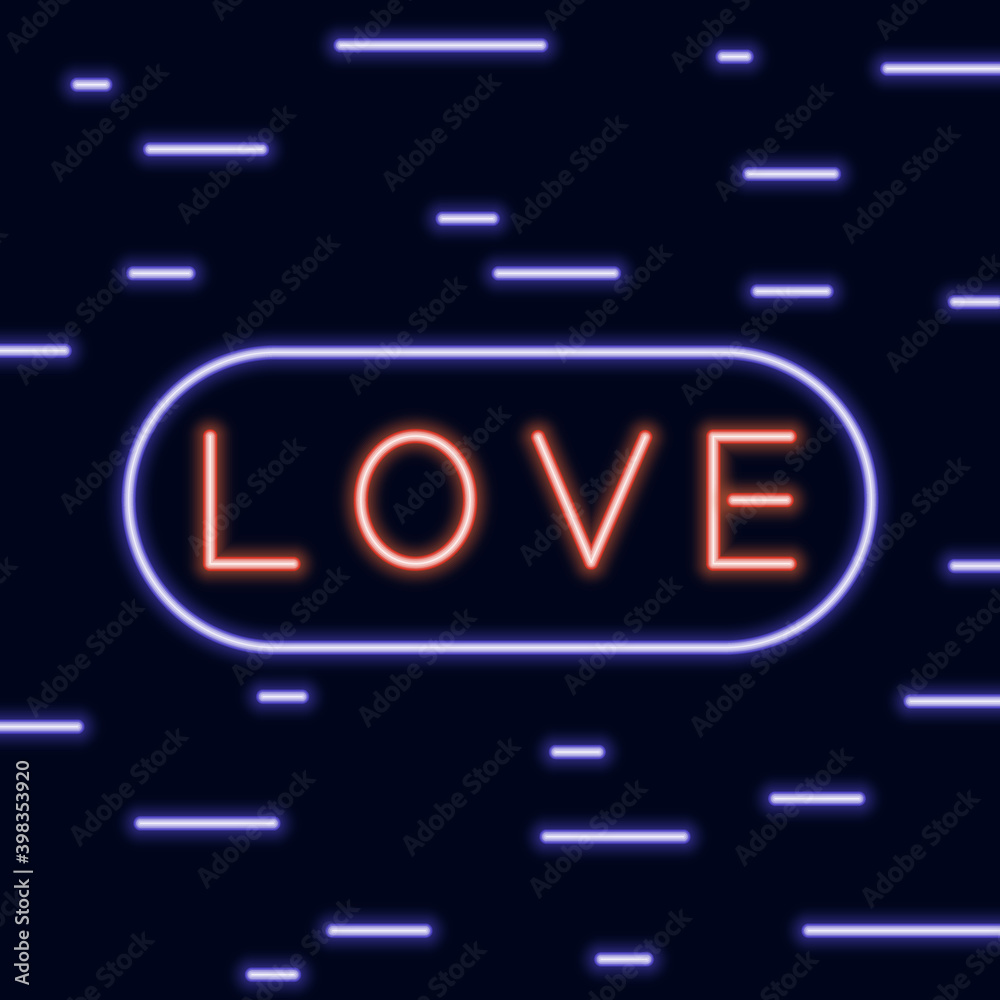 Neon text love signboard on the blue background. Vector illustration