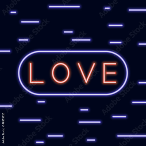 Neon text love signboard on the blue background. Vector illustration