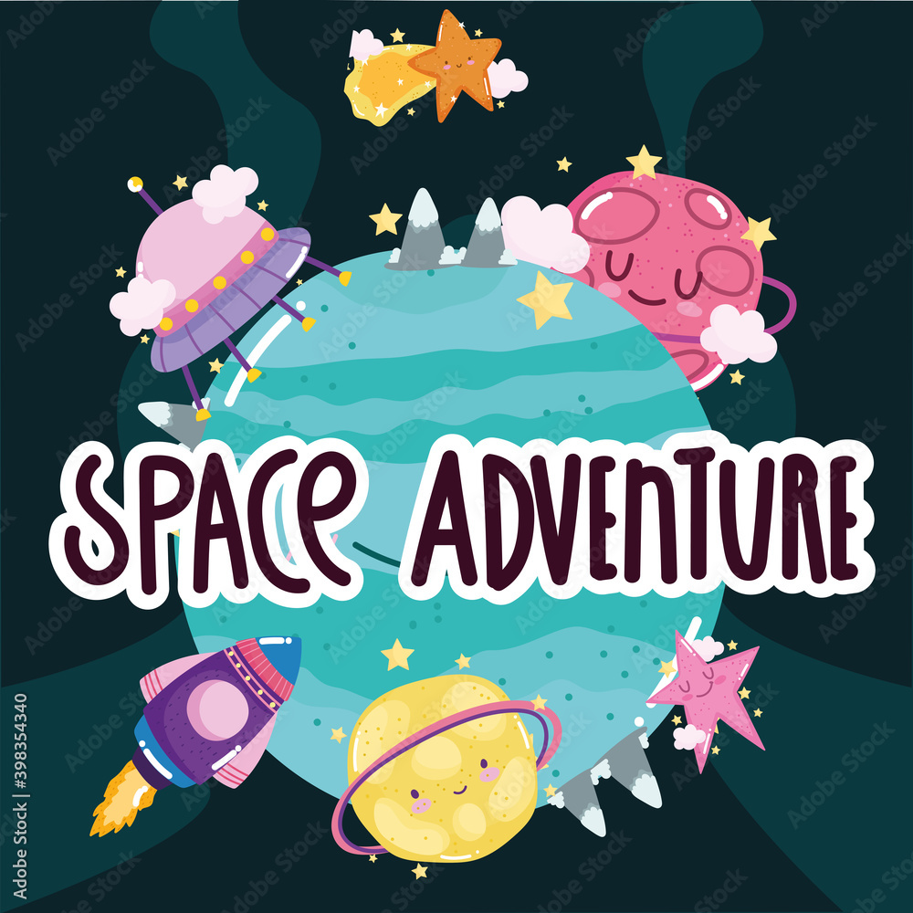 Fototapeta premium space adventure spacecraft planet ufo star surface explore cute cartoon