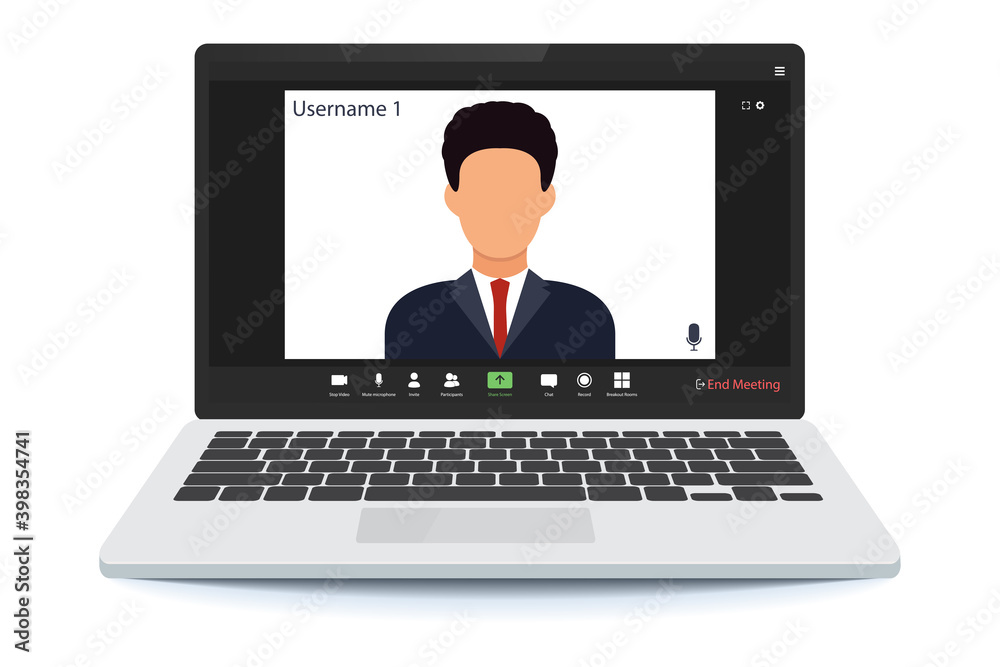 Worker using computer for virtual meeting. The man at the computer. videoconference, remote work. Video conferencing user interface. Video call screen interface template. Worker using computer for virtual meeting. The man at the computer. videoconference, remote work. Video conferencing user interface. Video call screen interface template.