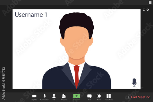 Worker using computer for virtual meeting. The man at the computer. videoconference, remote work. Video conferencing user interface. Video call screen interface template. 