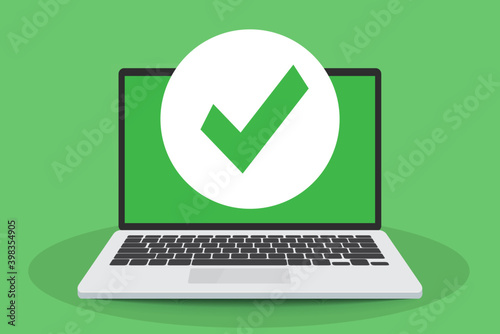 Check mark on laptop screen. bubble notification. Confirmation notification icon on open display, flat illustration.  Confirmed choice. Vector illustration.