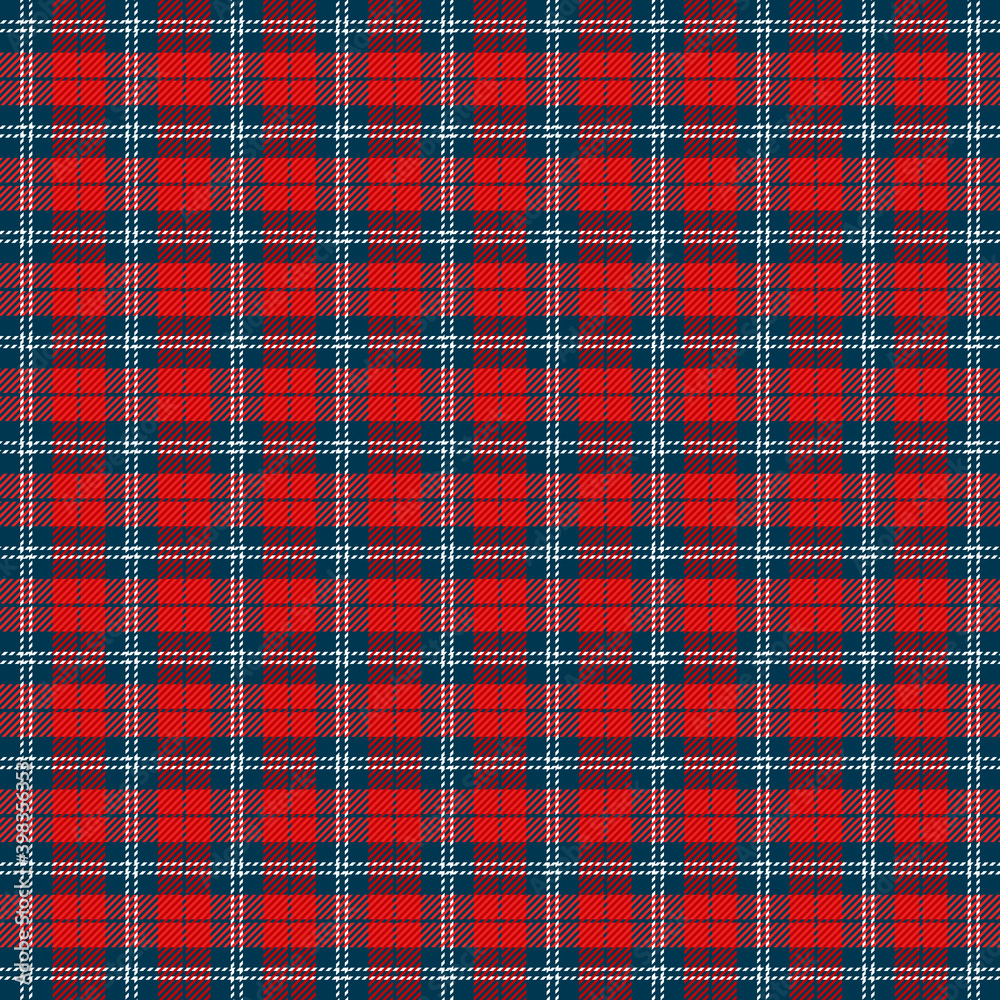 Christmas and new year tartan plaid. Scottish pattern in blue, red and white cage. Scottish cage. Traditional Scottish checkered background. Seamless fabric texture. Vector illustration Christmas and new year tartan plaid. Scottish pattern in blue, red and white cage. Scottish cage. Traditional Scottish checkered background. Seamless fabric texture. Vector illustration