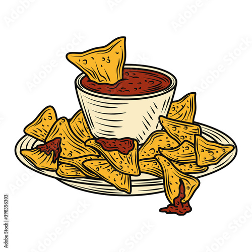 mexican food nachos with hot sauce in dish traditional vintage engraved color