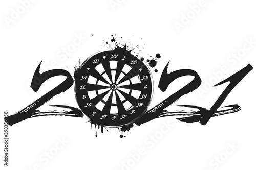 Abstract numbers 2021 and a dartboard made of blots in grunge style. 2020 New Year on an isolated background. Design pattern. Vector illustration