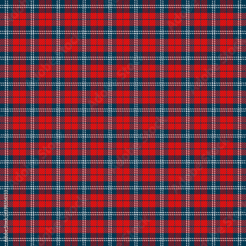 Christmas and new year tartan plaid. Scottish pattern in blue, red and white cage. Scottish cage. Traditional Scottish checkered background. Seamless fabric texture. Vector illustration
