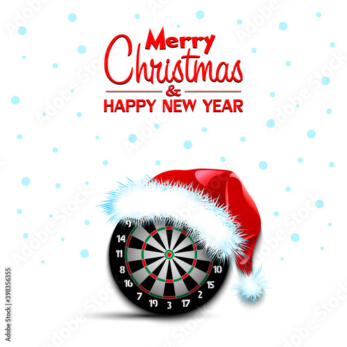 Merry Christmas and Happy New year. Dartboard in santa hat and snowflakes on isolated background. Minimalistic pattern for graphic design greeting card, poster, flyer. Vector illustration