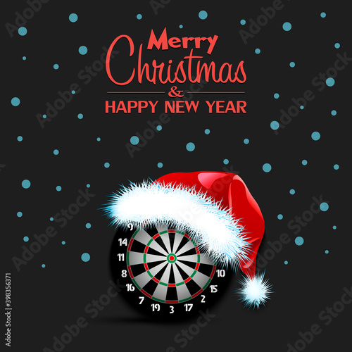 Merry Christmas and Happy New year. Dartboard in santa hat and snowflakes on isolated background. Minimalistic pattern for graphic design greeting card, poster, flyer. Vector illustration