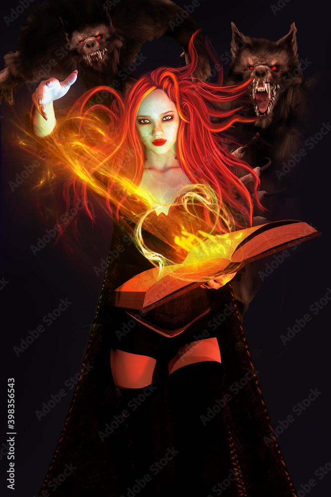 A 3D fantasy illustration with a witch and her spells while being chased after werewolves. This is a fictional character. 