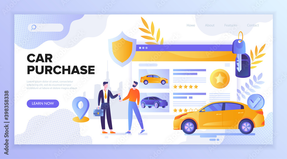 Online sale, purchase, rent, car abstract concept. Auto rental, carpool, carsharing. Flat cartoon vector illustration. Website, web page landing page template