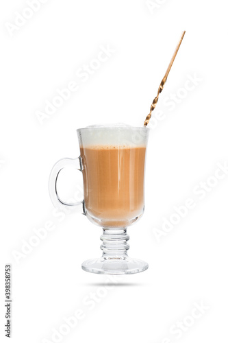 latte in transparent cup c with spoon isolated on white background