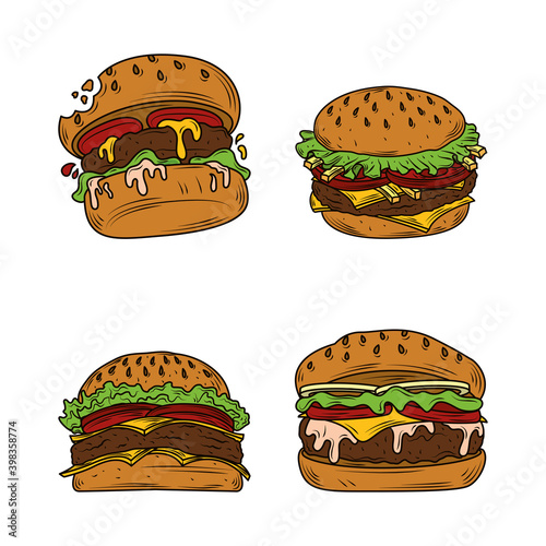 burger set, hamburgers, with lettuce tomatoes and cheese, fast food