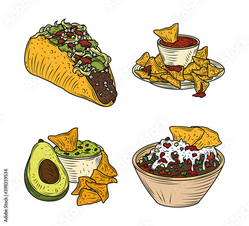 mexican food icons taco nachos guacamole traditional vintage engraved color