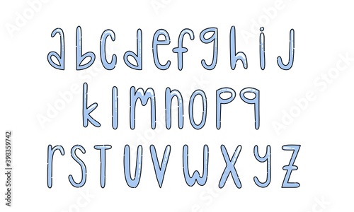 Doodle hand drawn alphabet design. Blue winter font. Cartoon alphabet photo