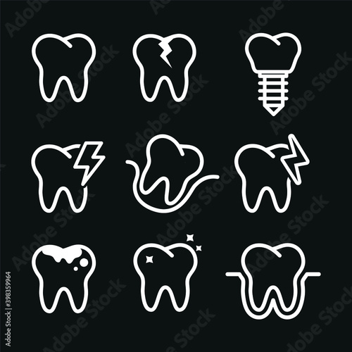 Vector image. Collection of grinding wheels icons. Image of cavities, molar implant and toothache.
