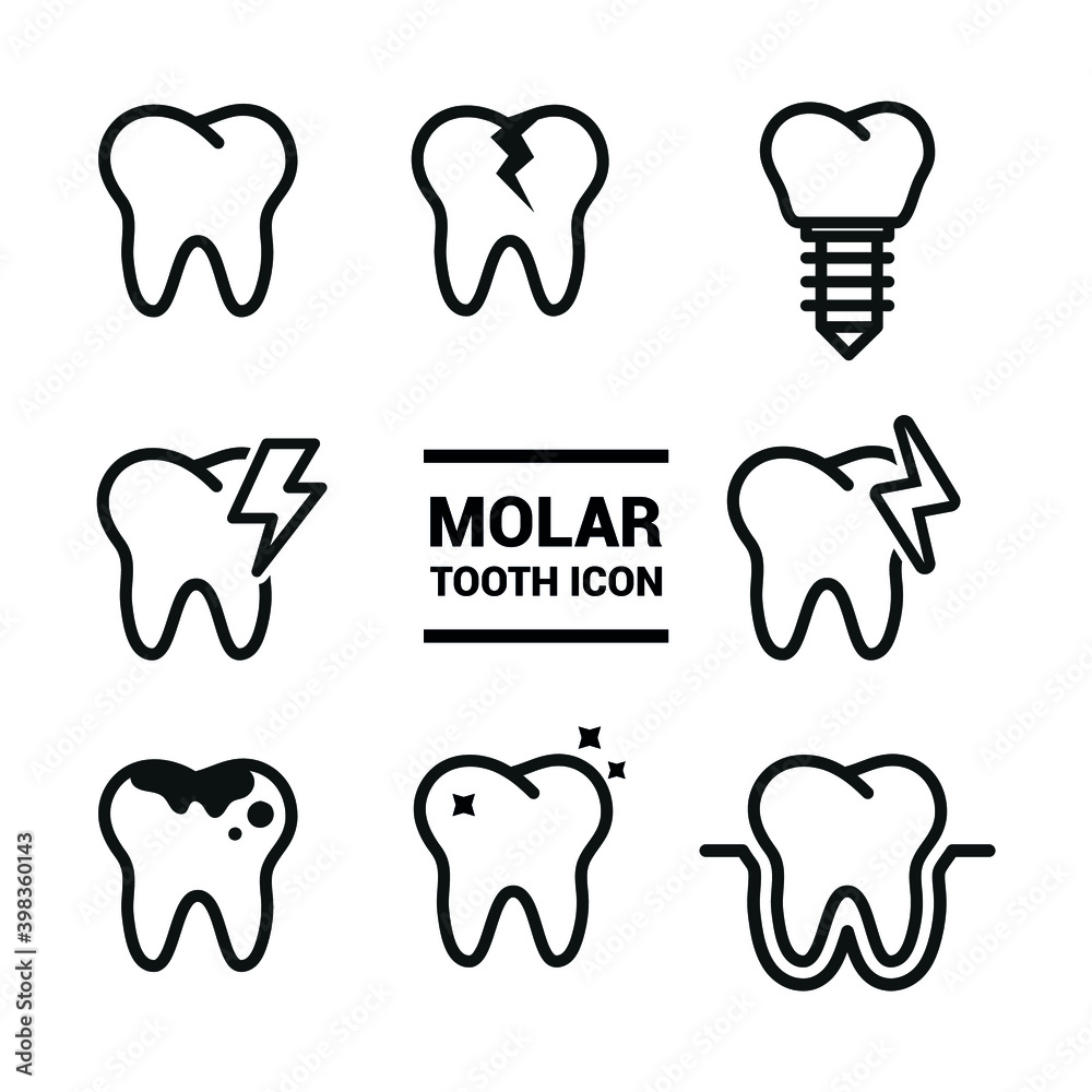 Vector image. Collection of grinding wheels icons. Image of cavities, molar implant and toothache.