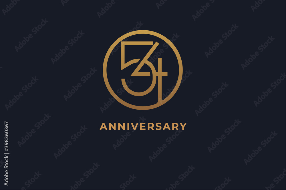 Number 54, logo, gold line circle with number inside, usable for anniversary and invitation, golden number design template, vector illustration - obrazy, fototapety, plakaty 