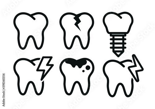 Vector image. Collection of grinding wheels icons. Image of cavities, molar implant and toothache.