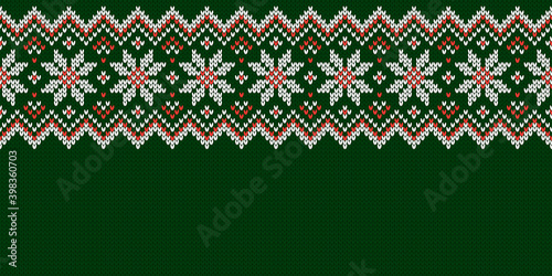 Ugly Christmas Sweater Party. Wide background. Knitwear texture. Template with empty place for text. Seamless pattern with snowflakes for holiday design. Winter knitted wool vector illustration.