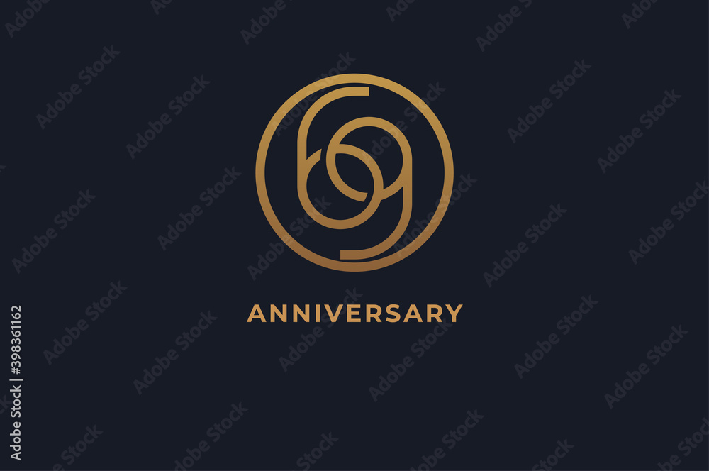 Number 69 logo, gold line circle with number inside, usable for anniversary and invitation, golden number design template, vector illustration Number 69 logo, gold line circle with number inside, usable for anniversary and invitation, golden number design template, vector illustration