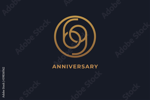 Number 69 logo, gold line circle with number inside, usable for anniversary and invitation, golden number design template, vector illustration