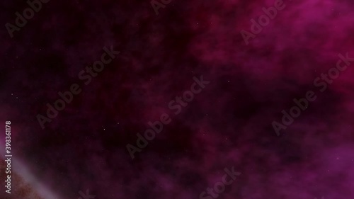 Exploration of galaxies through outer space towards a bright milky-way galaxy. 4K looping animation of flying through bright nebulae, clouds, and star fields.