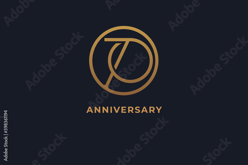 Number 70 logo, gold line circle with number inside, usable for anniversary and invitation, golden number design template, vector illustration