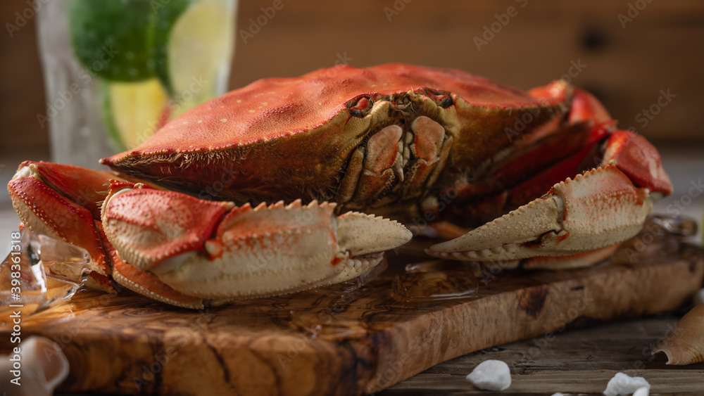 Macro shot view of cooked crab on wooden board background. Delicious meal. Seafood concept. View from above. Space for text. Macro shot view of cooked crab on wooden board background. Delicious meal. Seafood concept. View from above. Space for text.