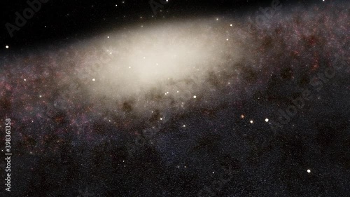 Exploration of galaxies through outer space towards a bright milky-way galaxy. 4K looping animation of flying through bright nebulae, clouds, and star fields.