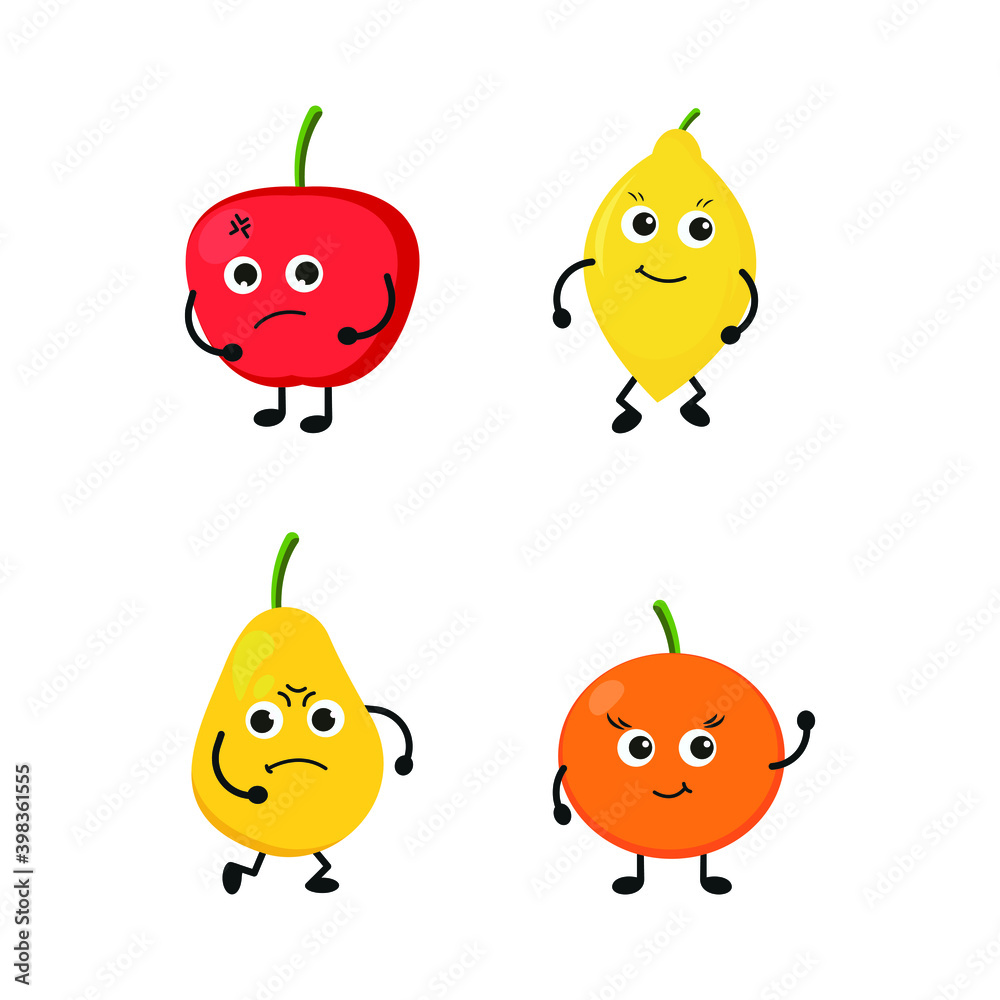 Fototapeta premium Cartoon funny fruits characters and fruits face isolated on white background vector illustration. Funny fruit face and cartoon fruit characters icon vector set. Cartoon characters. Cartoon face food.