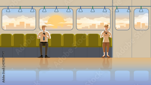 Love at first sight between man and woman in train public transportation at the early morning sunrise. Daily routine city lifestyle of employee people in town with the orange light of romantic scene.
