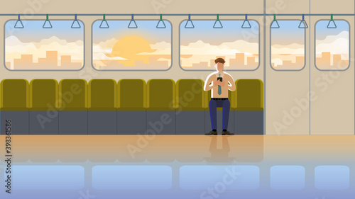 Employee salary man using smart phone while going to office. Alone at the first train public transportation in the early morning sunrise. Daily routine of people city lifestyle of diligent work hard.