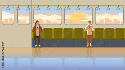 Love at first sight concept of LGBT females in train public transportation at the early morning sunrise. Daily routine city lifestyle of employee people in town. The orange light romantic scene.